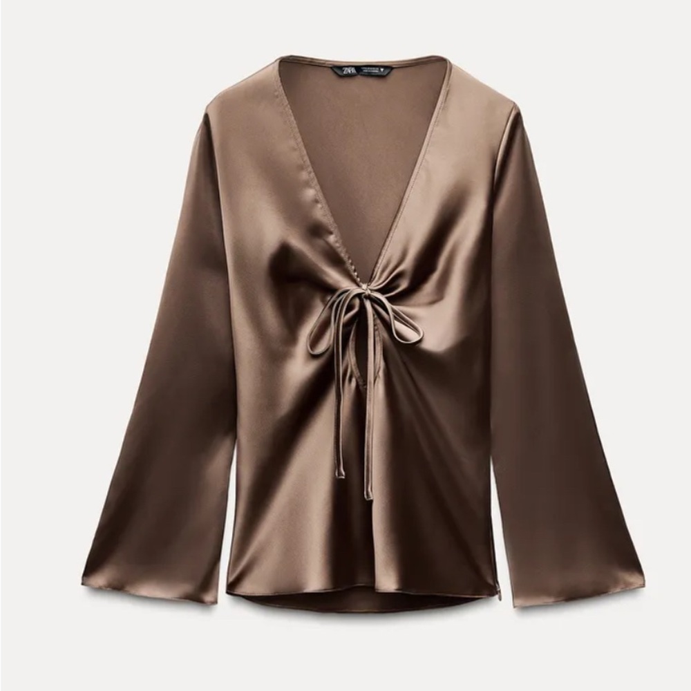 Zara Chocolate Satin Blouse with Tie Detail